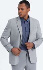 Ombre Marynarka męska elegancka z dekoracyjnymi guzikami na mankietach - szara V2 OM-BLZB-0114 L. Szare garnitury męskie Ombre, l, bez wzorów, eleganckie. Za 319.99 zł.