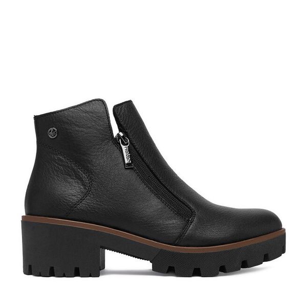 Botki Rieker. Czarne botki damskie Rieker, bez wzorów, bez obcasa, na płaskiej podeszwie, bez zapięcia. Za 429.99 zł.