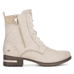Trzewiki Mustang. Białe botki damskie Mustang, bez wzorów, bez obcasa, na słupku, bez zapięcia. Za 369.99 zł.