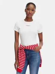 Tommy Jeans T-Shirt Script Rib DW0DW22809 Kremowy Slim Fit. Białe t-shirty damskie Tommy Jeans, xl, bez wzorów, z bawełny, bez kołnierzyka, bez ramiączek. Za 149.99 zł.