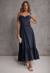 Granatowa Rozkloszowana Sukienka z Bawełny z Wiązanymi Ramiączkami Milistia. Niebieskie sukienki damskie Renee, na co dzień, m, bez wzorów, z bawełny, eleganckie, bez kołnierzyka, bez ramiączek, maxi, gorsetowe. Za 159.99 zł.