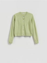 Wełniany kardigan - jasnozielony. Zielone kardigany damskie Reserved, l, bez wzorów, z dzianiny, bez kołnierzyka. Za 179.99 zł.