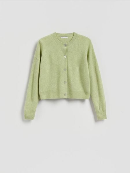 Wełniany kardigan - jasnozielony. Zielone kardigany damskie Reserved, l, bez wzorów, z dzianiny, bez kołnierzyka. Za 179.99 zł.