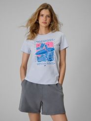 4F T-shirt regular z nadrukiem damski - niebieski M. Niebieskie t-shirty damskie 4F, m, bez wzorów, z bawełny, bez kołnierzyka, bez ramiączek. Za 59.99 zł.