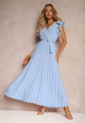 Niebieska Kopertowa Sukienka z Gumką w Pasie i Materiałowym Paskiem Ozdobiona Falbankami Tiamatalia. Niebieskie sukienki damskie Renee, na imprezę, l, bez wzorów, z materiału, eleganckie, bez kołnierzyka, bez ramiączek, maxi, kopertowe. Za 99.99 zł.