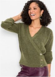 Sweter rozpinany z założeniem kopertowym. Zielone kardigany damskie bonprix, bez wzorów, bez kołnierzyka. Za 159.99 zł.