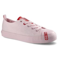 Trampki damskie Big Star, materiałowa sznurowana cholewka na klasycznym płaskim gumowym spodzie, jasnoróżowe, HH274682. Czerwone trampki i tenisówki damskie BIG STAR, z aplikacjami, z gumy, bez zapięcia. Za 77.00 zł.