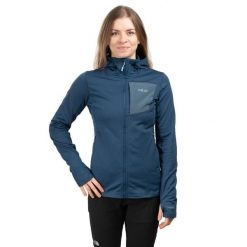 Bluza z kapturem damska Rab Superflux Hoody. Niebieskie bluzy damskie RAB, bez wzorów, bez ramiączek, z kapturem. Za 345.99 zł.