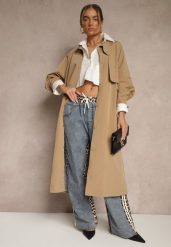 Beżowy Płaszcz w Stylu Trencza Vintage z Asymetryczną Zakładką i Paskiem Davivellea. Brązowe płaszcze damskie Renee, m, bez wzorów, z jeansu, eleganckie, z asymetrycznym kołnierzem, bez kaptura. Za 169.99 zł.
