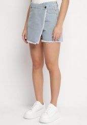 Jasnoniebieskie Jeansowe Spódnico-Spodenki Jeansowe z Bawełny z Wysokim Stanem Neliatha. Niebieskie szorty damskie Born2be, bez wzorów, z bawełny, eleganckie, z podwyższonym stanem. Za 99.99 zł.