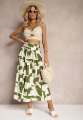 Zielono-Beżowa Rozkloszowana Spódnica High Waist z Gumką w Talii i Guzikami Tinasshi. Zielone spódnice damskie Renee, na lato, m, bez wzorów, z materiału, z podwyższonym stanem, maxi, rozkloszowane. Za 69.99 zł.