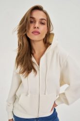 Bluza z kapturem ecru. Bluzy damskie MOODO, l, bez wzorów, z bawełny, bez ramiączek, z kapturem. Za 139.99 zł.