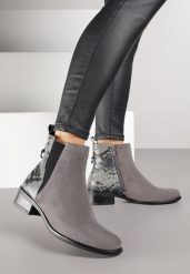 Szare Botki w Stylu Sztybletów z Metaliczną Aplikacją Verinette. Szare botki damskie Renee, z aplikacjami, z jeansu, eleganckie, bez obcasa, na płaskiej podeszwie, bez zapięcia. Za 189.99 zł.