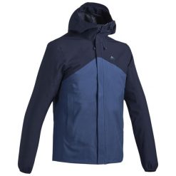 Kurtka turystyczna męska, Quechua MH150, wodoodporna. Niebieskie kurtki męskie QUECHUA, l, bez wzorów, z materiału, sportowe, bez kaptura. Za 199.99 zł.