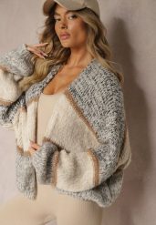 Beżowy Kardigan Niezapinany z Wełną Ozdobiony Paskami Irinaa. Brązowe kardigany damskie Renee, z aplikacjami, z wełny, bez kołnierzyka. Za 149.99 zł.