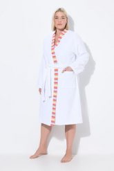 Damskie szlafrok z dzianiny dresowej brzegi w paski wiązany pasek długi rękaw. Białe szlafroki damskie Ulla Popken, plus size, bez wzorów, z bawełny, plus size, bez ramiączek, bez kaptura. Za 223.99 zł.