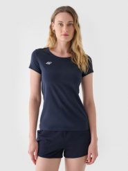 4F T-shirt slim gładki damski - granatowy S. Niebieskie t-shirty damskie 4F, s, bez wzorów, z bawełny, klasyczne, bez kołnierzyka, bez ramiączek. W wyprzedaży za 29.99 zł.