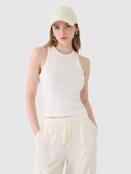 4F Top slim z prążkowanej dzianiny damski - biały S. Białe topy damskie 4F, s, bez wzorów, z bawełny, klasyczne, bez kołnierzyka, bez ramiączek. W wyprzedaży za 39.99 zł.