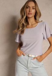 Jasnofioletowa Bluzka z Rozkloszowanymi Rękawami Sunelva. Fioletowe bluzki damskie Renee, m, bez wzorów, z jeansu, eleganckie, bez kołnierzyka, bez ramiączek. Za 34.99 zł.