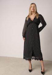 Czarna Sukienka w Kropki z Koronką i Transparentnymi Rękawami Hetiera. Czarne sukienki damskie Born2be, na co dzień, l, bez wzorów, z koronki, klasyczne, bez kołnierzyka, bez ramiączek, maxi. Za 139.99 zł.