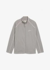 Ciepła bluza rozpinana z polaru, ze sportowymi detalami. Szare bluzy męskie bonprix, l, bez wzorów, z polaru, sportowe, bez ramiączek, bez kaptura. Za 109.99 zł.