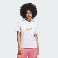 Koszulka Farmers Market Graphic. Białe bluzki damskie Adidas, xs, bez wzorów, z bawełny, sportowe, bez kołnierzyka, bez ramiączek. Za 109.00 zł.