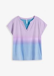 Bluzka z dekoltem henley z efektem cieniowania ombré. Niebieskie bluzki damskie bonprix, bez wzorów, bez kołnierzyka, bez ramiączek. Za 32.99 zł.