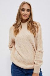 Sweter z geometrycznym naszyciem. Swetry nierozpinane damskie MOODO, s, z aplikacjami, z elastanu, bez kołnierzyka, bez ramiączek. W wyprzedaży za 51.99 zł.