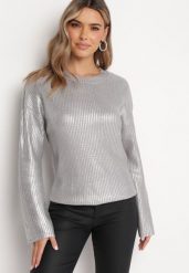 Srebrny Połyskujący Sweter Zerinna. Szare swetry nierozpinane damskie Born2be, m, bez wzorów, z dzianiny, bez kołnierzyka, bez ramiączek. Za 129.99 zł.
