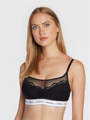 Guess Biustonosz top Belle O2BC07 KBBT0 Czarny. Czarne topy damskie Guess, s, z aplikacjami, z syntetyku, bez kołnierzyka, bez ramiączek. Za 109.99 zł.