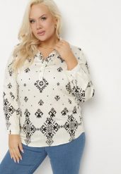 Jasnobeżowa Koszula z Wiskozy w Etniczny Wzór Avinetia. Brązowe koszule damskie Born2be, xl, bez wzorów, z jeansu, klasyczne, bez kołnierzyka, bez ramiączek. Za 39.99 zł.