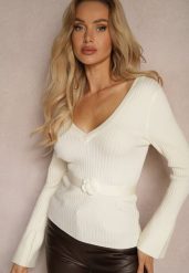 Beżowy Prążkowany Sweter z Wiskozą Ozdobiony Kwiatową Aplikacją i Paskiem Clevina. Brązowe swetry nierozpinane damskie Renee, m, z aplikacjami, prążkowane, biznesowe, bez kołnierzyka, bez ramiączek. Za 99.99 zł.