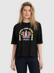 4F T-shirt oversize z nadrukiem damski - czarny L. Czarne koszulki sportowe damskie 4F, l, bez wzorów, z bawełny, bez ramiączek. W wyprzedaży za 39.99 zł.