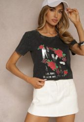 Czarny Bawełniany T-shirt z Kwiatami i Napisami Savinele. Czarne t-shirty damskie Renee, l, bez wzorów, z bawełny, klasyczne, bez kołnierzyka, bez ramiączek. Za 39.99 zł.