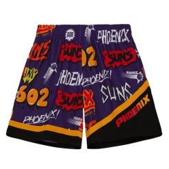 Spodenki z naklejką Phoenix Suns Swingman 1996/97. Fioletowe szorty damskie Mitchell & Ness, bez wzorów, sportowe. Za 369.50 zł.