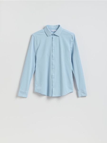 Koszula super slim fit - jasnoniebieski. Niebieskie koszule męskie Reserved, l, bez wzorów, z dzianiny, bez kołnierzyka, bez ramiączek. W wyprzedaży za 55.99 zł.