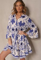 Niebieska Rozkloszowana Sukienka z Wiskozy Zdobiona Etnicznym Printem Pasiretia. Niebieskie sukienki damskie Renee, na co dzień, m, z aplikacjami, z wiskozy, eleganckie, bez kołnierzyka, bez ramiączek, mini, rozkloszowane. Za 89.99 zł.
