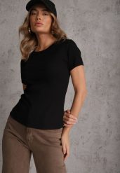 Czarny Bawełniany T-shirt o Dopasowanym Kroju z Prążkowanego Materiału Lailya. Czarne t-shirty damskie Renee, m, bez wzorów, z bawełny, eleganckie, bez kołnierzyka, bez ramiączek. Za 39.99 zł.