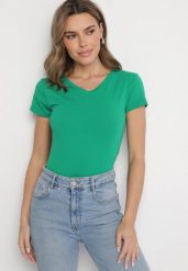 Ciemnozielony T-shirt z Bawełny z Trójkątnym Dekoltem Semiora. Zielone t-shirty damskie Born2be, m, bez wzorów, z bawełny, klasyczne, bez kołnierzyka, bez ramiączek. Za 34.99 zł.