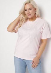 Jasnoróżowy T-shirt ze Wzorem z Cyrkonii Olisellea. Czerwone t-shirty damskie Born2be, xl, bez wzorów, z bawełny, bez kołnierzyka, bez ramiączek. Za 44.99 zł.