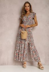 Czarno-Biała Sukienka Oreithanassa. Czarne sukienki damskie Renee, na lato, l, z aplikacjami, z materiału, bez kołnierzyka, bez ramiączek, maxi, kopertowe. Za 69.99 zł.