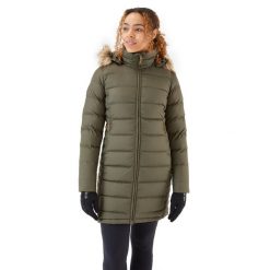 Płaszcz puchowy damski Rab Deep Cover Down Parka z kapturem. Zielone parki damskie RAB, bez wzorów, z puchu, bez kołnierzyka, z kapturem. Za 799.99 zł.