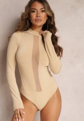 Beżowe Body z Długim Rękawem i Przezroczystą Wstawką Navintha. Brązowe body Renee, bez wzorów, z wiskozy. Za 74.99 zł.