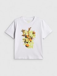 4F T-shirt boxy z nadrukiem damski - biały S. Białe t-shirty damskie 4F, s, bez wzorów, z bawełny, bez kołnierzyka, bez ramiączek. Za 69.99 zł.