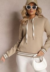 Beżowa Bluza Kangurka z Bawełny ze Ściągaczami w Paski i Kapturem Gaiana. Brązowe bluzy damskie Renee, bez wzorów, z bawełny, casualowe, bez ramiączek, z kapturem. Za 99.99 zł.