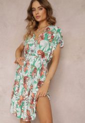 Zielona Rozkloszowana Sukienka Midi w Kwiaty z Gumką w Talii Athesine. Zielone sukienki damskie Renee, l, bez wzorów, bez kołnierzyka, bez ramiączek, midi, kopertowe. Za 39.99 zł.
