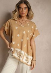 Brązowa Bluzka z Wiskozą z Krótkim Rękawem Typu Nietoperz w Kwiatowy Print Lannelle. Brązowe bluzki damskie Renee, s, bez wzorów, z jeansu, eleganckie, bez kołnierzyka, bez ramiączek. Za 44.99 zł.