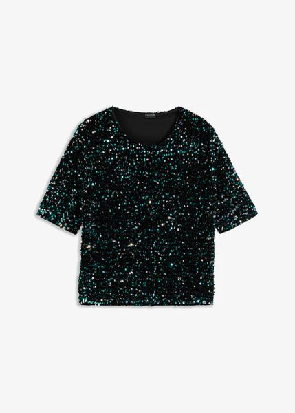 Bluzka z cekinami. Czerwone bluzki damskie bonprix, bez wzorów, eleganckie, bez kołnierzyka, bez ramiączek. Za 109.99 zł.