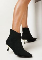 Czarne Botki na Metalicznej Kaczuszce z Noskiem w Szpic Factoria. Czarne botki damskie Born2be, bez wzorów, z jeansu, eleganckie, bez obcasa, na obcasie, bez zapięcia. Za 39.99 zł.