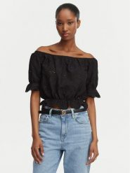 Guess Bluzka W6GP47 K3336 Czarny Regular Fit. Czarne bluzki damskie Guess, m, z aplikacjami, z bawełny, bez kołnierzyka, bez ramiączek. Za 294.99 zł.